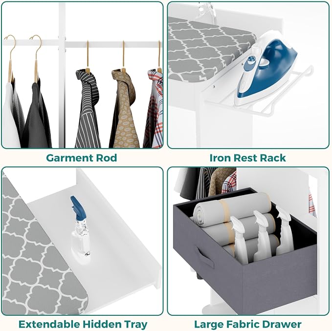 Rolling Ironing Board with Storage Cabinet, Wooden Ironing Board Cabinet with - Image 6
