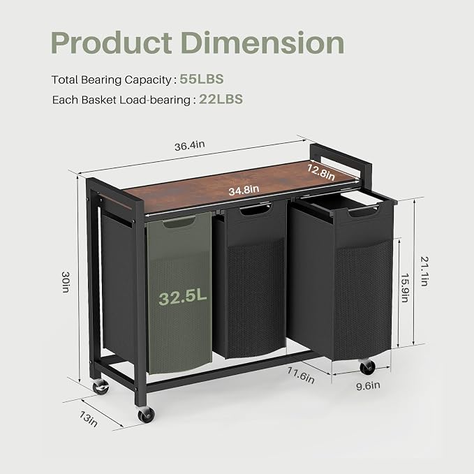 Laundry Hamper with 3 Pull-Out Removable Laundry Bags, Rolling Laundry Sorter - Image 3