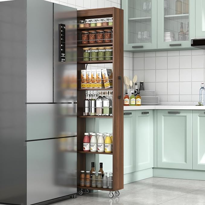 71-Inch Slim Storage Cart on Wheels, Walnut 7-Tier Tall Slide Out Kitchen by Unknown