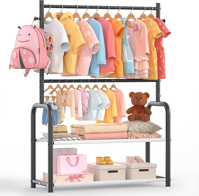 Kids Clothing Rack with 2-Layer Storage Shelf and 2 Adjustable Hanging Rods by Unknown