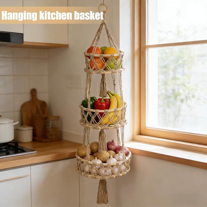 3 Tier Hanging Fruit Baskets for Kitchen, Macrame Plant Hanger Cotton Rope - Image 4