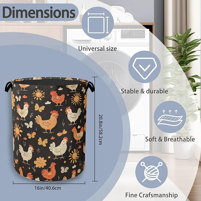 Cute Roosters Laundry Basket, Flower Butterfly Foldable - Image 2