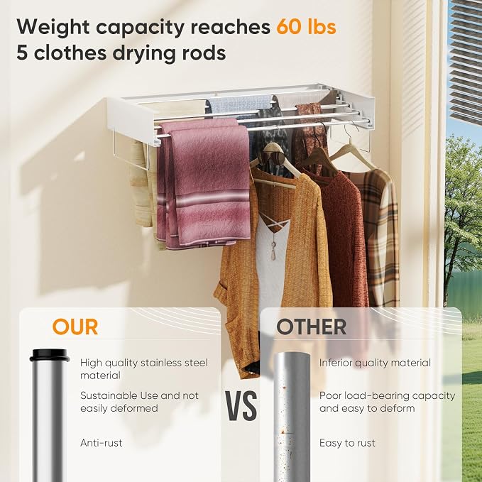 Wall Mounted Drying Rack, Laundry Clothes Drying Rack Foldable, Collapsible - Image 4