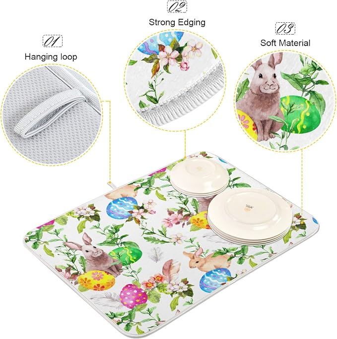 Easter Bunny Eggs Floral Pattern Absorbent Dish Drying Mat, 16 x 18 Inches - Image 3