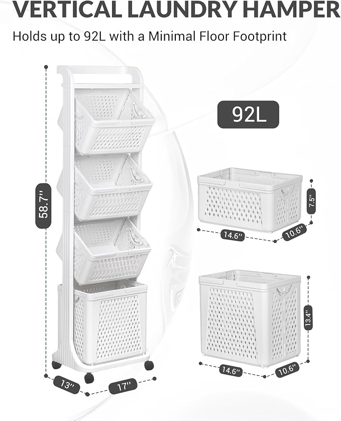 4 Tier Laundry Basket Organizer, 92L Vertical Laundry Hamper, Removable Rolling - Image 6