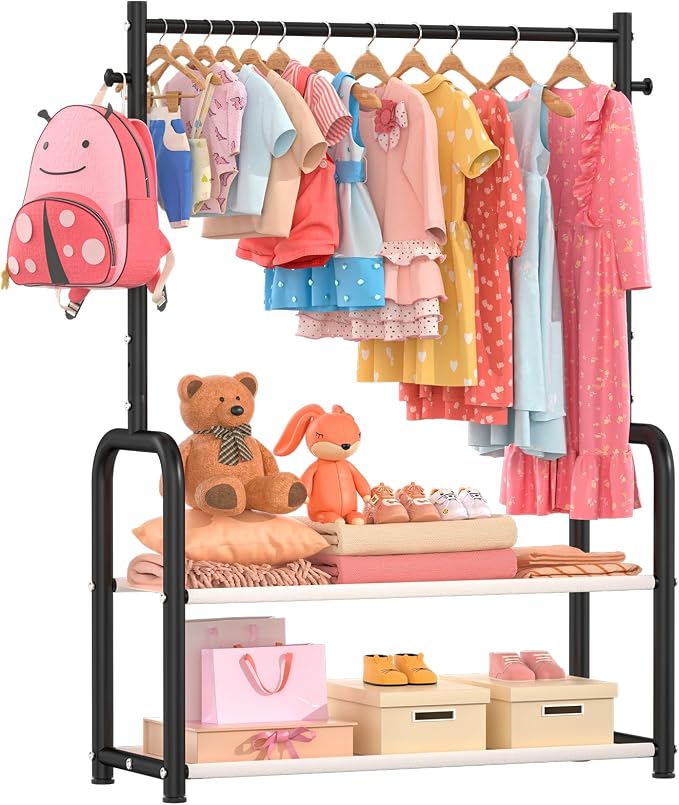 Kids Clothing Rack with 2-Layer Storage Shelf and 2 Adjustable Hanging Rods - Image 2
