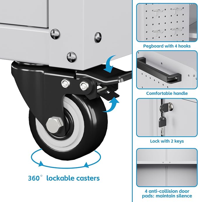 Garage Storage Cabinet with Wheels & Pegboard, Locking Metal Storage Cabinet - Image 3