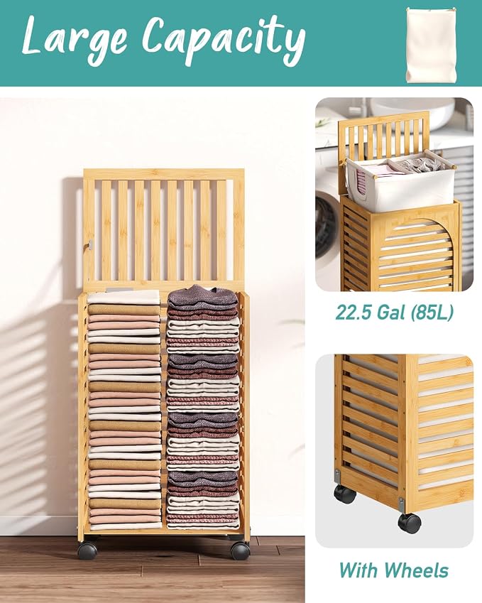 Laundry Hamper with Wheels, Laundry Basket with Lid, 22.5Gallon Bamboo Wood - Image 6