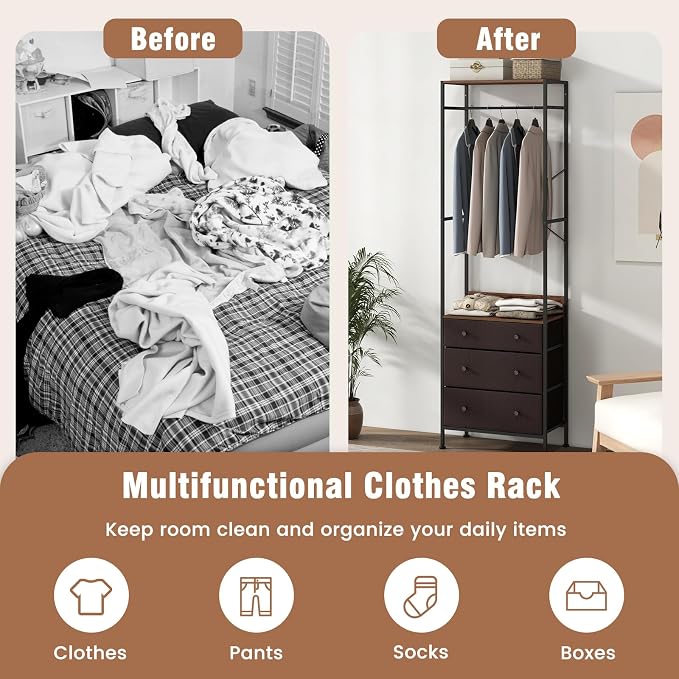 LOKO Clothes Rack with 3 Fabric Drawers, Freestanding Closet Organizer - Image 5