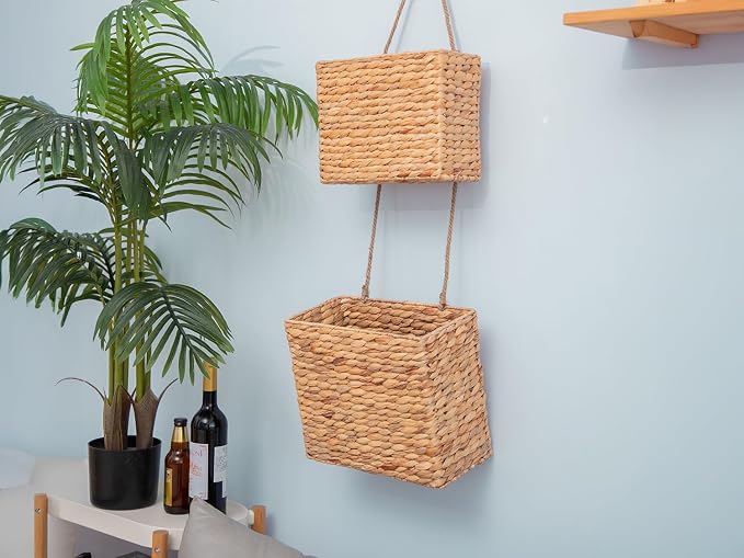 YAHUAN Woven Water Hyacinth Hanging Basket 2-Tiered Rectangular Storage Baskets - Image 5