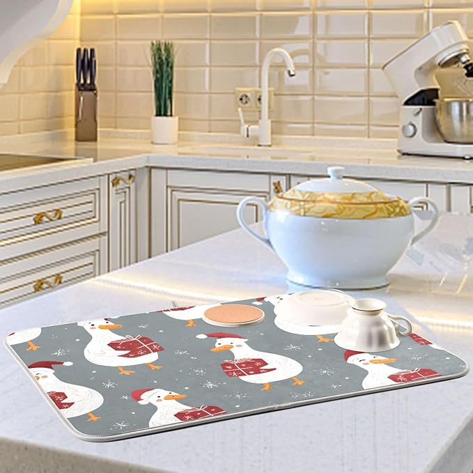 White Geese Wearing Hat Dish Drying Mat Super Absorbent Drying Mat 18x24 inch - Image 6