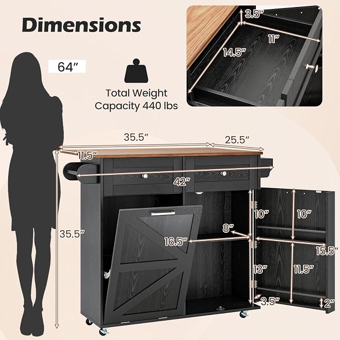 Rolling Kitchen Island with Trash Can Storage Cabinet, Drop Leaf Breakfast Bar - Image 2
