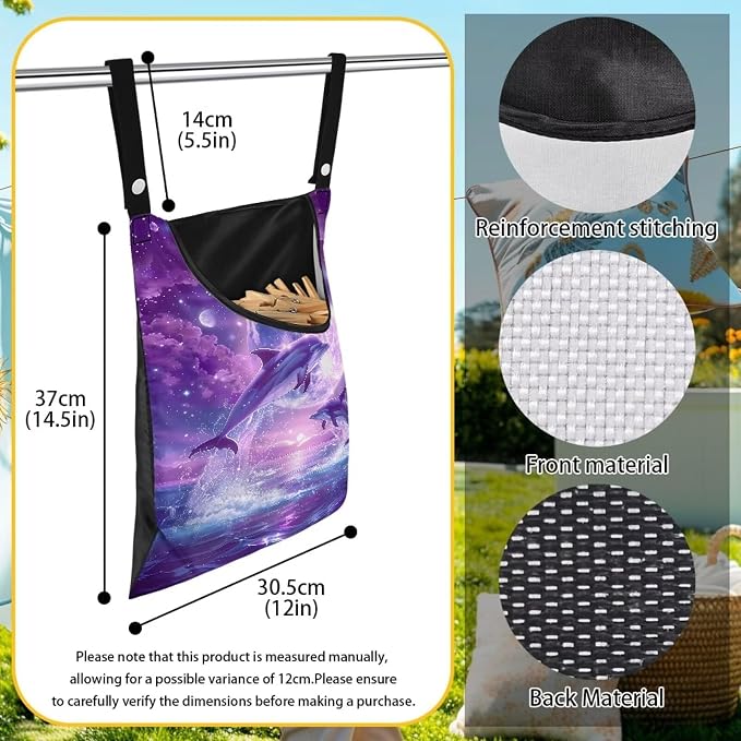 Purple Moonlight Dolphin Print Laundry Clothespin BagHanging Storage Organizer - Image 7
