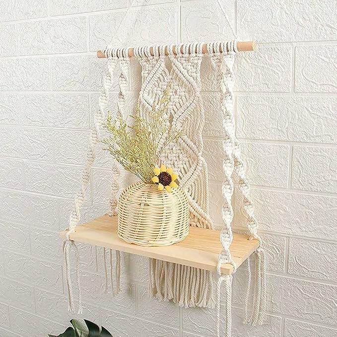 Mong Handmade Macrame Wall Hanging Shelf, Boho Indoor Rope Plant Pot Basket - Image 3