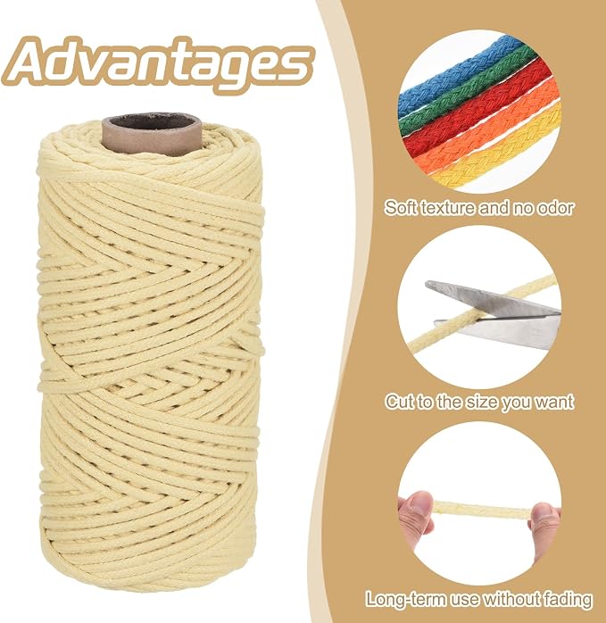 Rebower Macrame Cord 4mm x 109 Yard, Natural Cotton Macrame Rope Twisted - Image 3