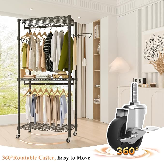 Heavy Duty Rolling Garment Rack, 3 Tiers Wire Shelves Adjustable Freestanding - Image 3