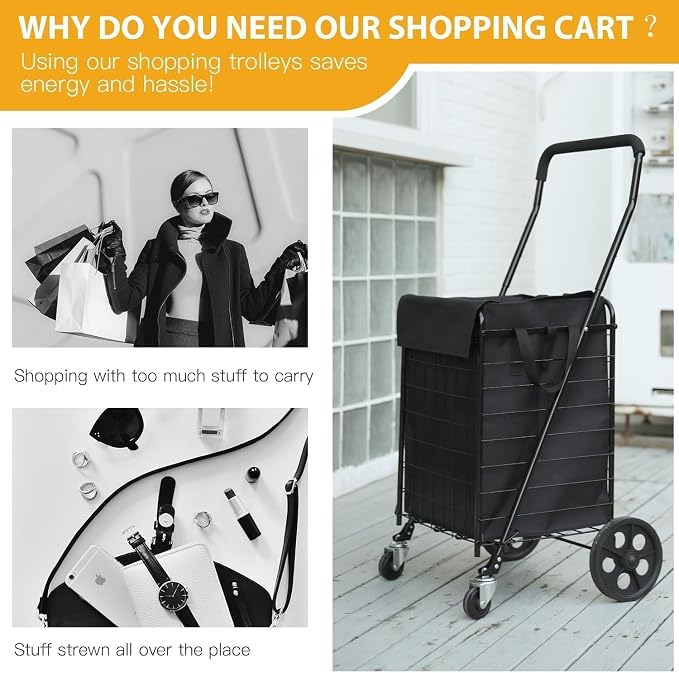 Foldable Shopping Cart with Waterproof Basket Liner & 360° Swivel Wheels | - Image 8