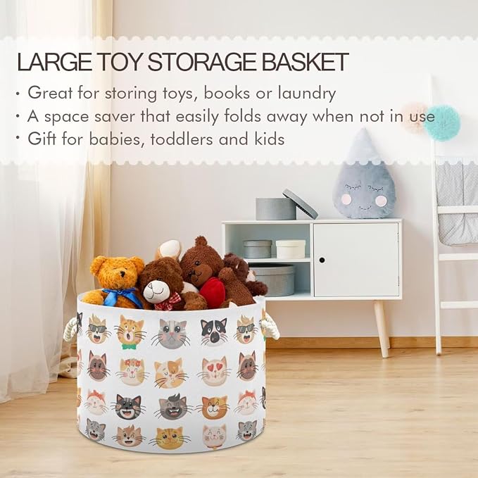 Cat Face Print Round Storage Basket Cute Kitten Large Laundry Hamper 20 x 20 x - Image 6