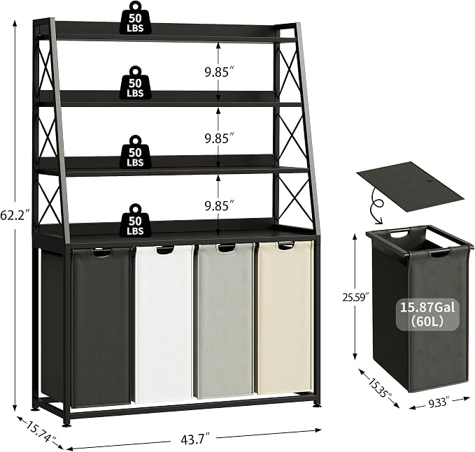Laundry Basket, 4 Section Laundry Hamper - Image 3