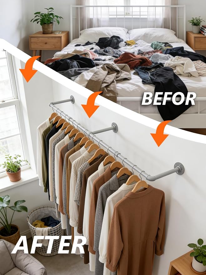 Aduanbang 65.7in Industrial Pipe Wall Mounted Clothes Rack, Heavy Duty - Image 6