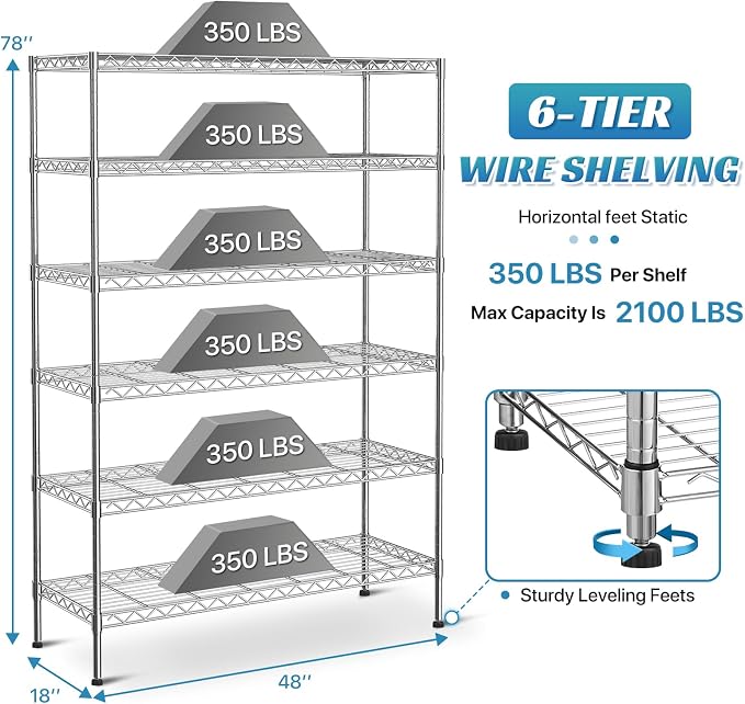 6-Tier Wire Shelving Unit with Wheels, 2100LBS Capacity NSF Certified - Image 3