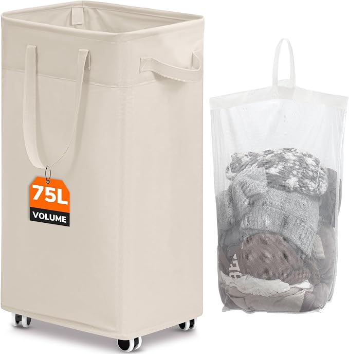 CHICVITA Collapsible Laundry Basket on Wheels 75L, Slim Laundry Hamper by CHICVITA