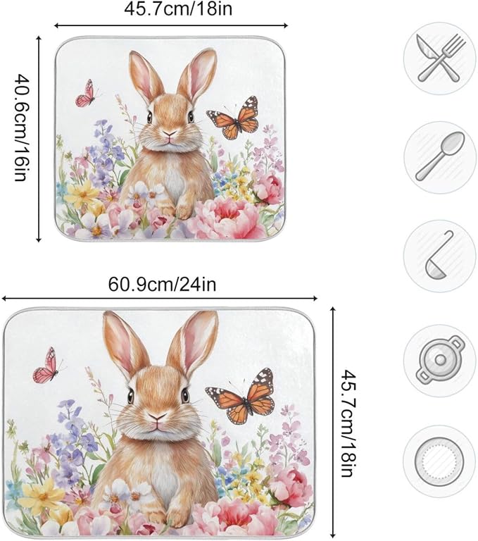 Cute Bunny and Blooming Flowers Dish Drying Mat Super Absorbent Drying Mat - Image 3