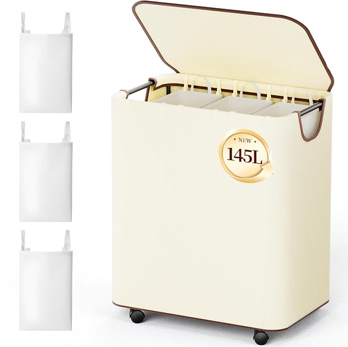 LAMU 145L Laundry Hamper with Wheels, Rolling Laundry Basket with Lid and 3 by YourHome-OrganizationHelper