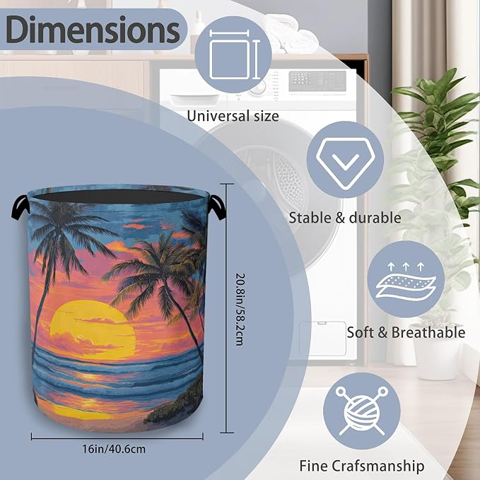 Tropical Palm Tree Laundry Basket, Sunset Beach Oxford Cloth Laundry Hamper - Image 2