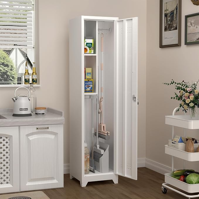 Storage Cabinets with Lock, Slim Broom Closet Storage Cabinet with Doors and - Image 2
