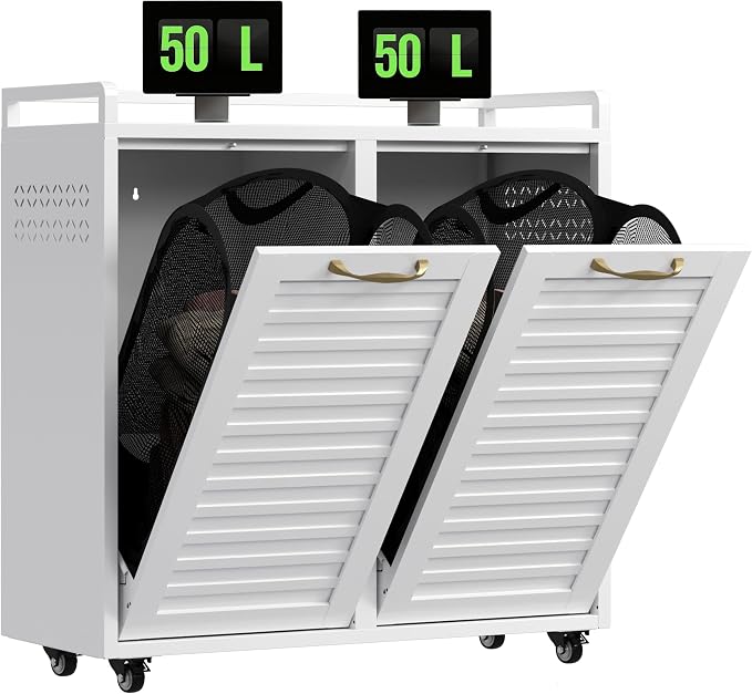 100L Dual Laundry Hamper with Wheels, Metal Rolling Laundry Cabinet with 2 by UVGHPW