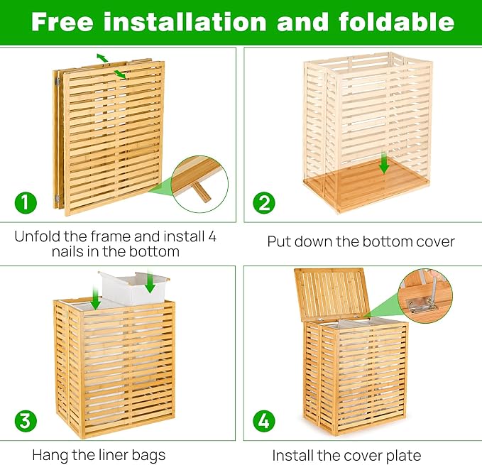 Bamboo Laundry Hamper with Lid and 2-Section Liner Foldable Wicker Laundry - Image 6