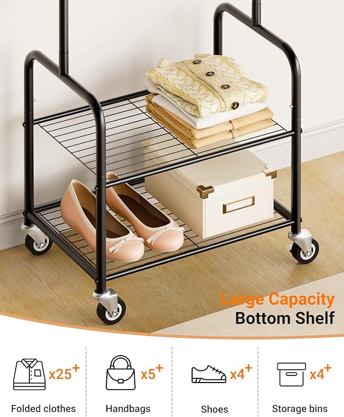 AOODA Small Clothes Rack with Shelves, Metal Sturdy Rolling Clothing Racks - Image 3