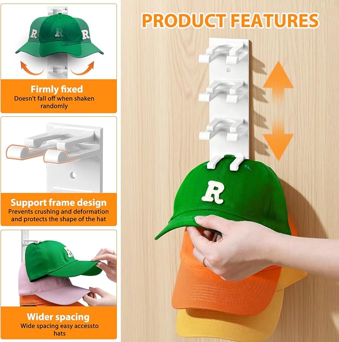 2 Pack Hat Organizer for Baseball Caps, Hat Rack for Wall Hold Up to 16 Hats - Image 3