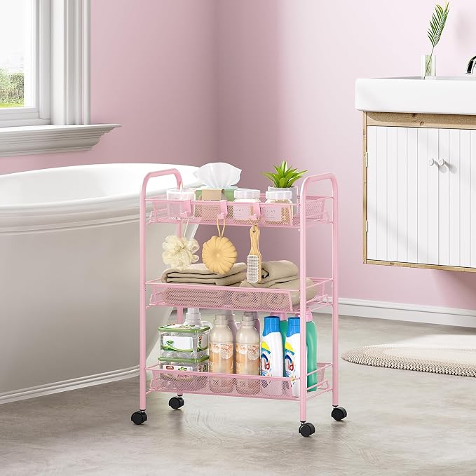 Metal Rolling Utility Cart, 3-Tier Mesh Wire Storage Trolley - Image 6