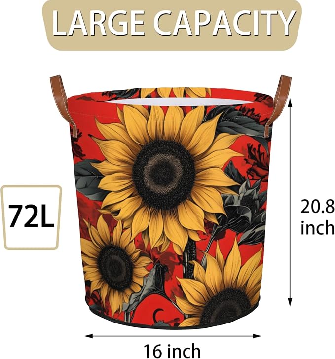 Sunflowers Red Laundry Hamper Waterproof Collapsible Basket - Image 2
