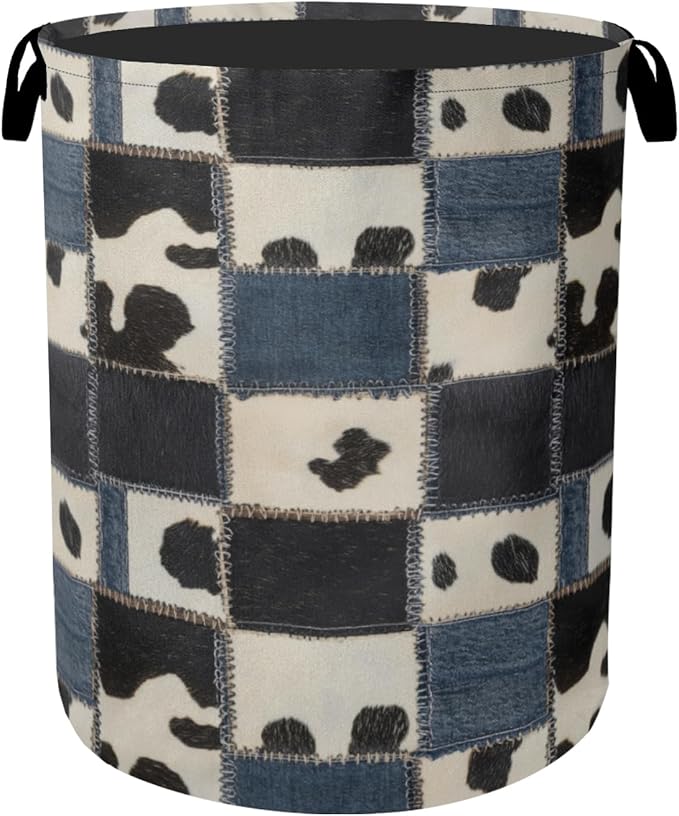 Denim Patchwork Cow Print Large Clothes Hamper Bag by Gearsly