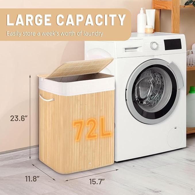 72L Slim Laundry Hamper with Lid, Foldable Bamboo Clothes Laundry Basket with - Image 2