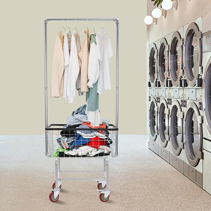 Laundry Cart with Wheels and Hanging Rack, Heavy Duty Wire Laundry Cart - Image 4
