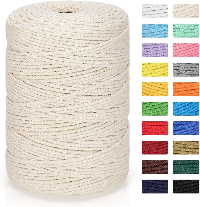 Macrame Cord 3mm x 328yd | 100% Natural Cotton Macrame Rope | 4 Strand Twisted by MacraBoho