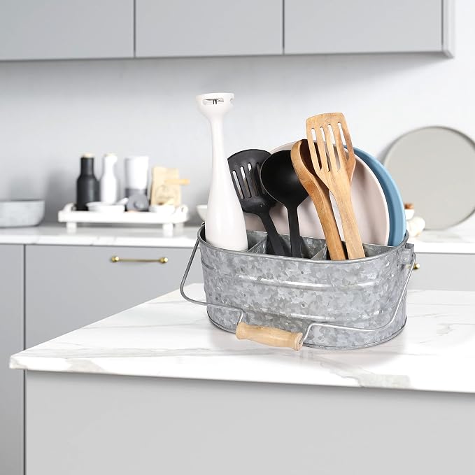 Galvanized Metal Caddy with 4 Compartments, Rustic Farmhouse Kitchen Picnic - Image 3