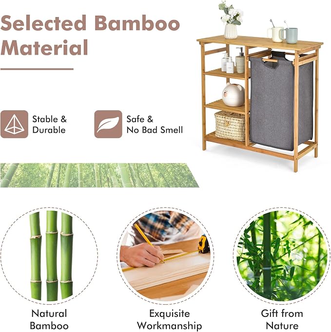 Giantex Bamboo Laundry Hamper Stand, Freestanding Laundry Organizer w/Removable - Image 4