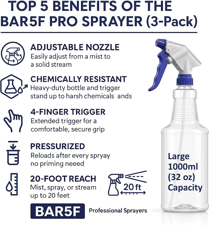 Bar5F Professional Spray Bottles, 32 oz, Chemical-Resistant, Specialized Sprayer - Image 2