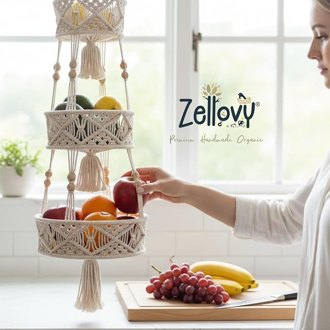 3 Tier Hanging Fruit Basket for Kitchen, Macrame Fruit Hanger, Macrame Hanging - Image 2