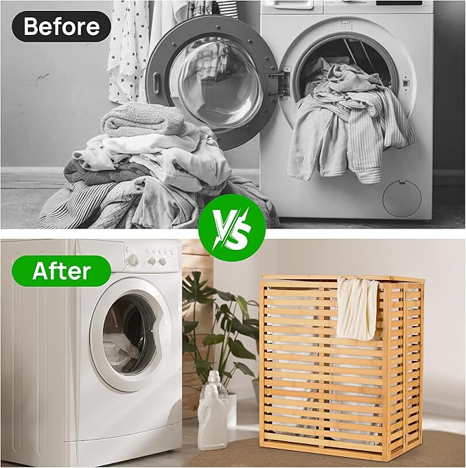Bamboo Laundry Hamper with Lid and 2-Section Liner Foldable Wicker Laundry - Image 7