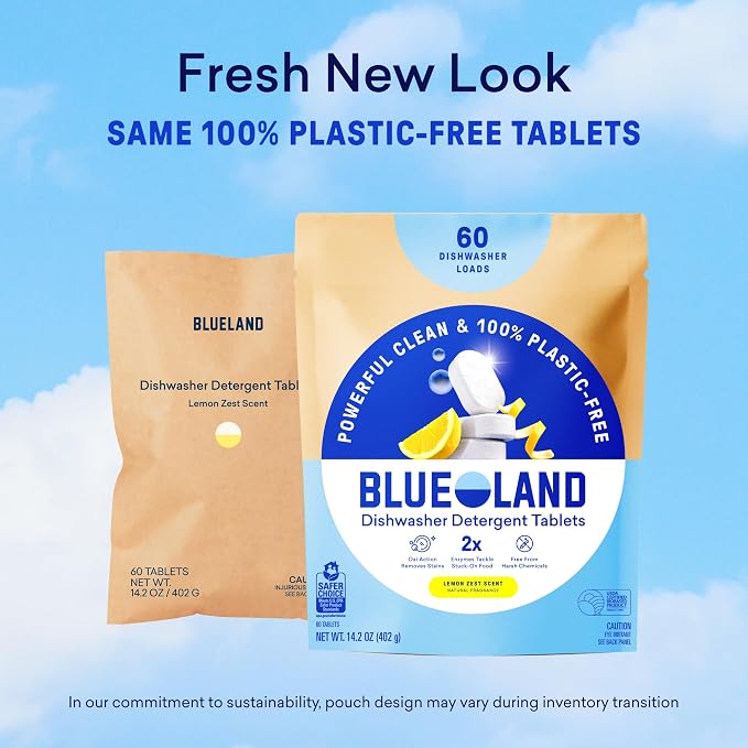 BLUELAND 100% Plastic-Free Dishwasher Detergent Tablets, Lemon Zest Scent - Image 10