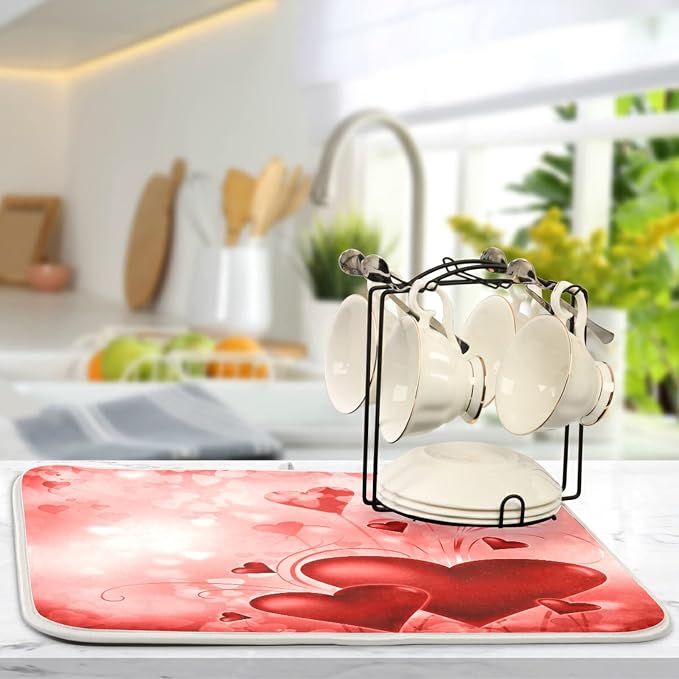 Valentines Red Hearts Dish Drying Mat Absorbent Washable Protector Drying Pad - Image 5