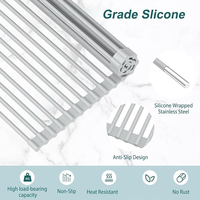 Roll Up Dish Drying Rack, Silicone Wrapped Over The Sink Multipurpose Foldable - Image 5