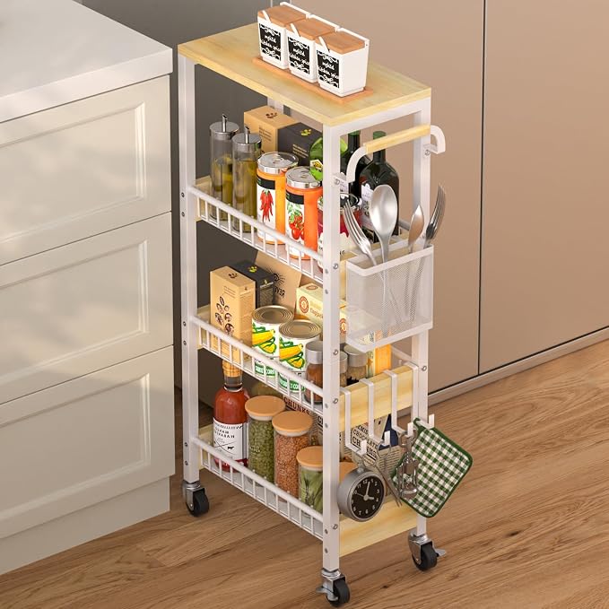 Slim Rolling Storage Cart, 4 Tier Small Organizer Cart by DTUQYX
