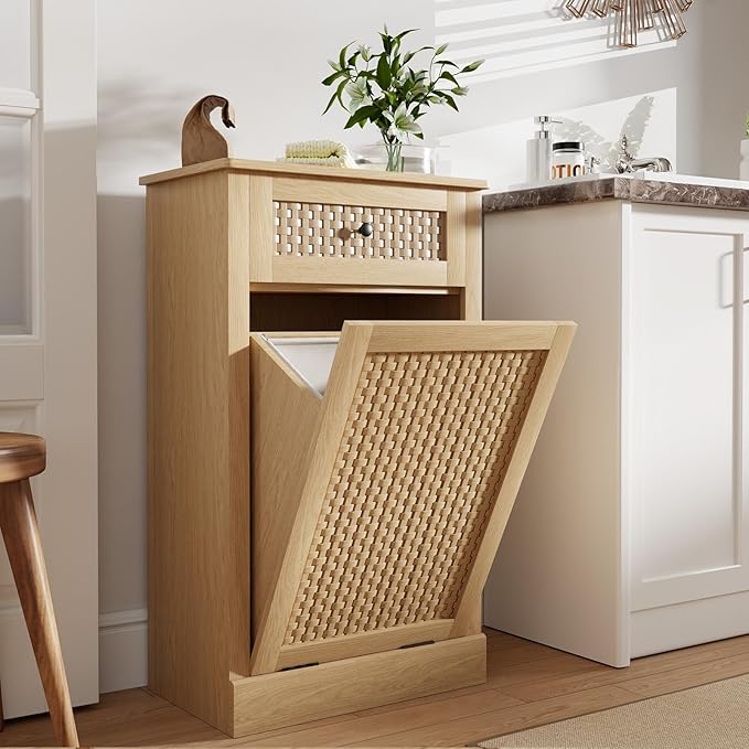 Tilt Out Laundry Hamper Cabinet, Rattan-Style Laundry Room Organization by Unknown